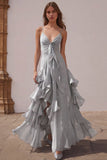 Dusty Blue Spaghetti Straps Chiffon A-Line Ruffled Bridesmaid Dress