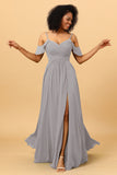 A Line Spaghetti Straps Long Chiffon Bridesmaid Dress With Slit