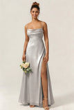 Green Flower A Line Spaghetti Straps Chiffon Long Bridesmaid Dress with Slit