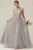 Dusty Sage A Line Halter Pleated Long Bridesmaid Dress