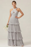 Lilac Halter Keyhole A Line Tiered Ruffle Pleated Bridesmaid Dress