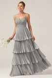 Dark Green A Line Ruched Pleated Spaghetti Straps Tiered Bridesmaid Dress