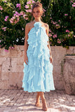 Lake Blue Halter A Line 3D Flower Wedding Guest Dress with Ruffles