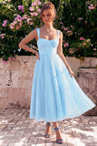 Light Blue A Line Corset Pleated Square Neck Wedding Guest Dress