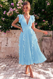 Dusty Rose V Neck A Line Ruffle Pleated Midi Wedding Guest Dress