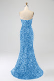 Royal Blue Mermaid Strapless Sequins Long Prom Dress With Slit