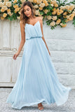 A Line Spaghetti Straps Sky Blue Chiffon Long Bridesmaid Dress