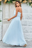 A Line Spaghetti Straps Sky Blue Chiffon Long Bridesmaid Dress