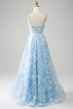 Gorgeous A Line Spaghetti Straps Sky Blue Corset Prom Dress with Appliques