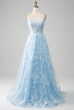 Gorgeous A Line Spaghetti Straps Sky Blue Corset Prom Dress with Appliques