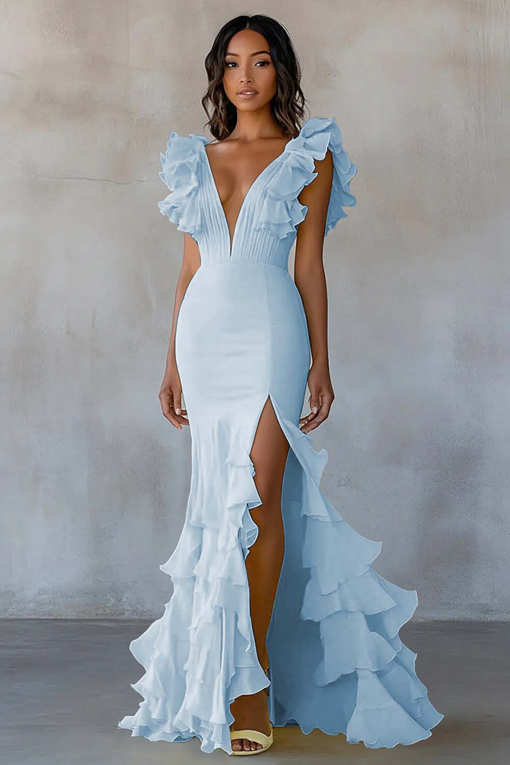 Wedtrend Women Mermaid Formal Dress with Slit Daffodil V Neck Ruffled Long Wedding Party Dress, Sky Blue / US6 Wedtrend Women Mermaid Formal Dress with Slit Daffodil V Neck Ruffled Long Wedding Party Dress, Sky Blue / US6
