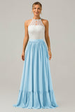 A-Line Halter Pleated Keyhole Chiffon Bridesmaid Dress With Lace