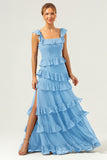 Dark Navy A Line Square Neck Tiered Long Chiffon Bridesmaid Dress with Ruffles