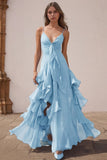 Dusty Blue Spaghetti Straps Chiffon A-Line Ruffled Bridesmaid Dress