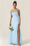 Green Flower A Line Spaghetti Straps Chiffon Long Bridesmaid Dress with Slit
