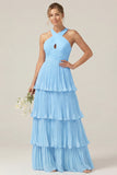Lilac Halter Keyhole A Line Tiered Ruffle Pleated Bridesmaid Dress