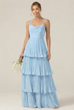 Dusty Sage Cowl Neck A Line Tiered Pleated Long Bridesmaid Dress