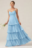 Dark Green A Line Ruched Pleated Spaghetti Straps Tiered Bridesmaid Dress
