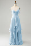 A Line Spaghetti Straps Chiffon Long Bridesmaid Dress with Ruffles