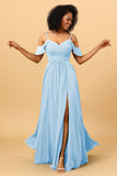 A Line Spaghetti Straps Long Chiffon Bridesmaid Dress With Slit