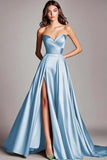Strapless Satin A Line Long Formal Dress With Slit