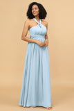 A Line One Shoulder V Neck Halter Neck Floor Length Grey Blue Bridesmaid Dress