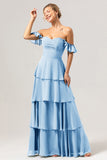 Eucalyptus A Line Off The Shoulder Tiered Long Bridesmaid Dress