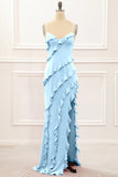 Spaghetti Straps Jade Tiered Mermaid Bridesmaid Dress With Slit