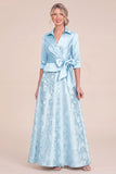 Green Jacquard Floral A Line Mother of the Bride Dress with 3/4 Sleeves