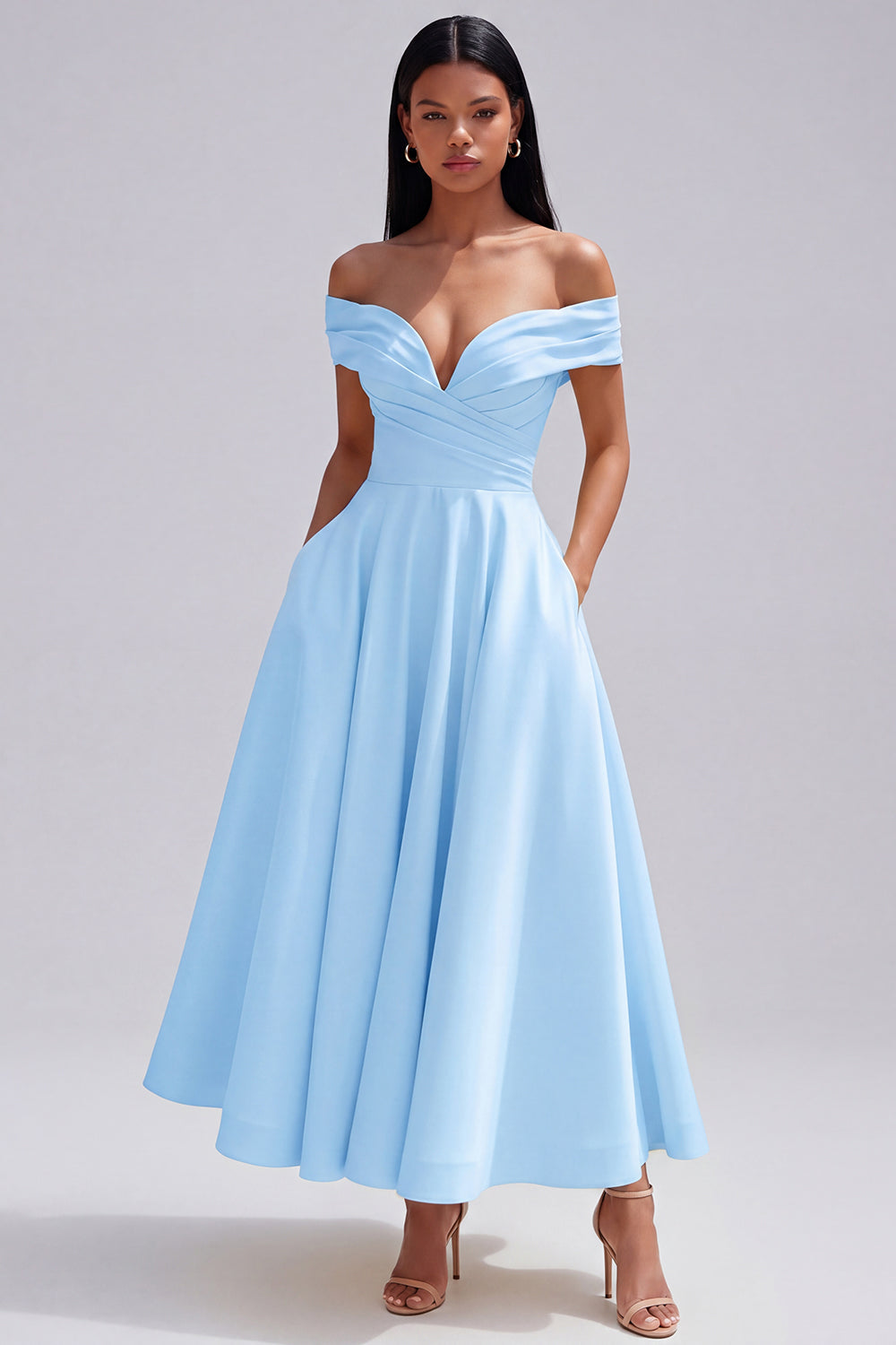 ruched dress wedding guest Wedtrend Women Yellow A Line Wedding Guest Dress Off The Shoulder Ruched Midi Dress – WEDTREND