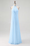 Simple White A Line Halter Long Engagement Dress