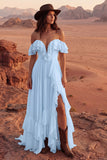 Off the Shoulder Ivory Ruffled A Line Wedding Dress with Slit