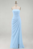 Light Pink Strapless Ruched Sheath Long Prom Dress with Slit