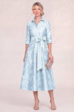 Green Floral A Line Collar Midi Mother of the Bride Dress with 3/4 Sleeves