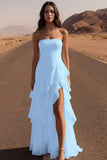 Strapless Ruffled Ivory A Line Maxi Wedding Dress with Slit