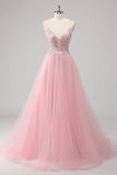 Green Spaghetti Straps A Line Sequins Tulle Prom Dress