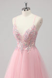 Green Spaghetti Straps A Line Sequins Tulle Prom Dress