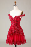 Red A-Line Sparkly Corset Tiered Lace Short Homecoming Dress