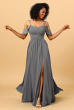 A Line Spaghetti Straps Long Chiffon Bridesmaid Dress With Slit