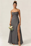 Green Flower A Line Spaghetti Straps Chiffon Long Bridesmaid Dress with Slit