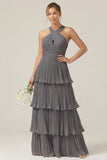 Lilac Halter Keyhole A Line Tiered Ruffle Pleated Bridesmaid Dress