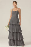 Dusty Sage Cowl Neck A Line Tiered Pleated Long Bridesmaid Dress