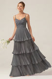 Dark Green A Line Ruched Pleated Spaghetti Straps Tiered Bridesmaid Dress