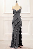 Spaghetti Straps Jade Tiered Mermaid Bridesmaid Dress With Slit