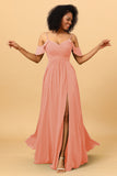 A Line Spaghetti Straps Long Chiffon Bridesmaid Dress With Slit