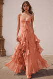 Dusty Blue Spaghetti Straps Chiffon A-Line Ruffled Bridesmaid Dress