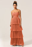 A-Line Sweetheart Floor Length Tiered Chiffon Bridesmaid Dress