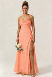 Green Flower A Line Spaghetti Straps Chiffon Long Bridesmaid Dress with Slit