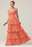 Dark Green A Line Ruched Pleated Spaghetti Straps Tiered Bridesmaid Dress