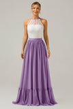 A-Line Halter Pleated Keyhole Chiffon Bridesmaid Dress With Lace